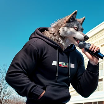   wolf with microphone  、 whitish gray wolf  、 black long sleeve hoodie and black jeans、  voluminous fur head 、winter fur head 