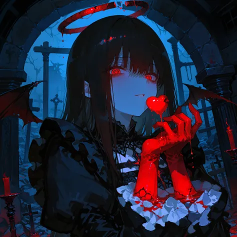 masterpiece, best quality, ultra-detailed, dark fantasy, 748cmstyle,1girl, holding a dripping red heart in her gloved hand, black gothic dress, somber expression, long dark hair with bangs, fragments of a broken halo above head, ominous dark indoor backgro...