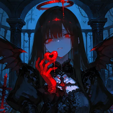masterpiece, best quality, ultra-detailed, dark fantasy, 748cmstyle,1girl, holding a dripping red heart in her gloved hand, black gothic dress, somber expression, long dark hair with bangs, fragments of a broken halo above head, ominous dark indoor backgro...