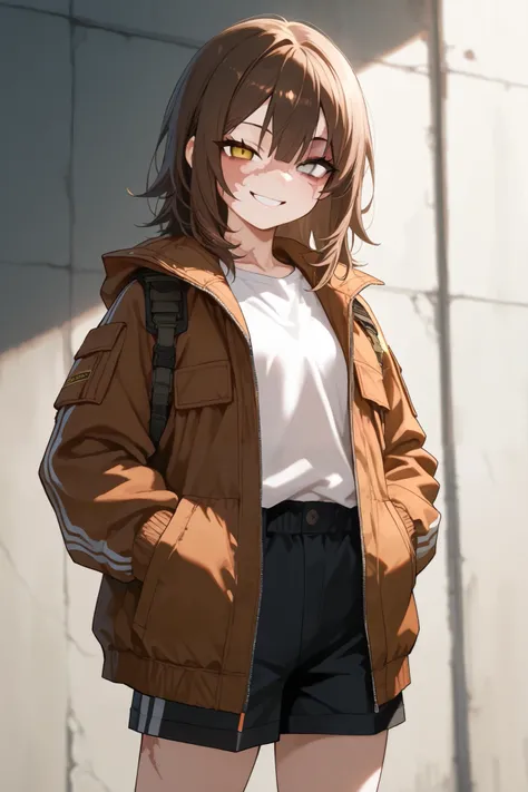 1 girl, brown medium hair, small eyes, tall, jacket, hands in jacket's pocket, looking at viewer, smile, scar on left face, burn scar on left face, white shirt, black shorts, odd eye, brown right eye, grey left eye, mesugaki, tactical clothes