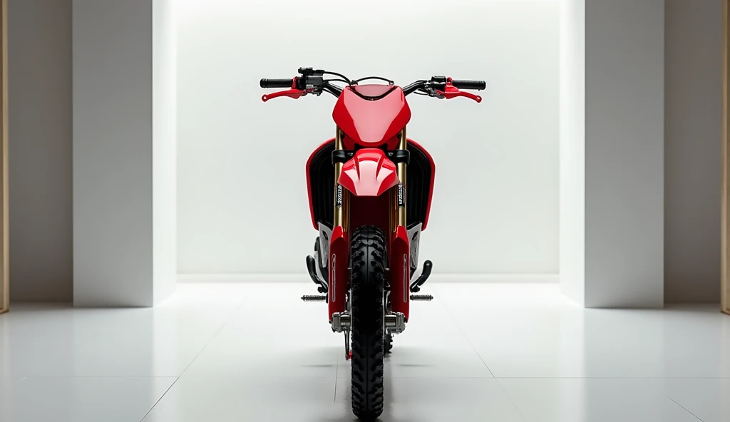  
2025(Kawasaki Kx 500 dirt bike) motorcycle in vibrant(red shine ) color standing in luxury showroom.full (front ) show with showroom background white blur