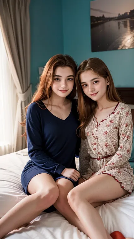   (Duas  beautiful thirteen-year-old friends),   beautiful, (Cuddles on the bed ), ( intertwined legs), 1 with blonde hair ,  
One with red hair ,  short pajamas dress,   on the observer's back  ,      looking and smiling at the observer .