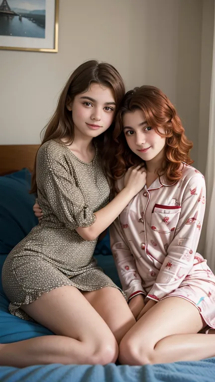   (Duas  beautiful thirteen-year-old friends),   beautiful, ( curled up on the bed ), ( intertwined legs), 1 with blonde hair ,  
One with red hair ,  short pajamas dress,   on the observer's back  ,      looking and smiling at the observer .