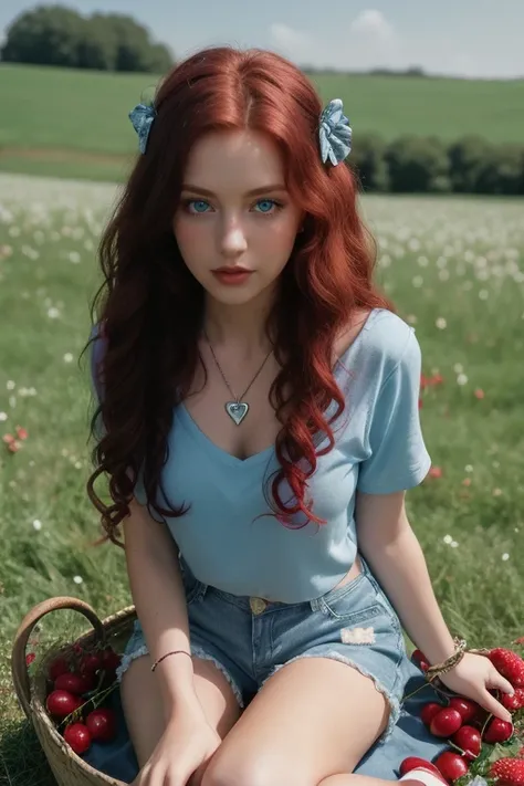 (girl:1.2), alone, (long red and curly hair :1.1),  blue eyes, Wearing a silver-colored heart necklace, Sit in a field of roses , (fruit basket:1.1),  blue shorts, black shirt with a cherry print,,CRU,photographic,Shadow photo ,real,ridiculous,aesthetic,el...