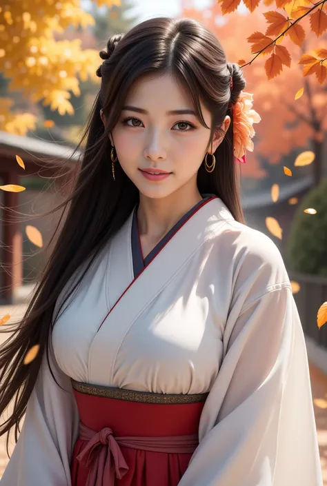 A beautiful mature woman in miko shrine maiden attire, with extremely detailed face, long flowing black hair, and dog ear-like volume lighting, standing in an autumn garden with falling leaves, (best quality,4k,8k,highres,masterpiece:1.2),ultra-detailed,(r...