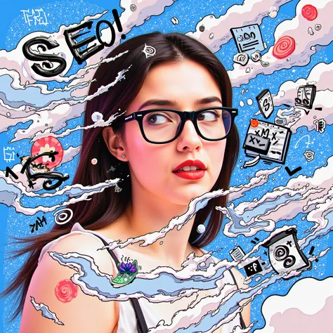 A nerdy girl , with website widgets  digital codes floating around her. The handwritten title "SEO"  are full of website and trendy charm. 