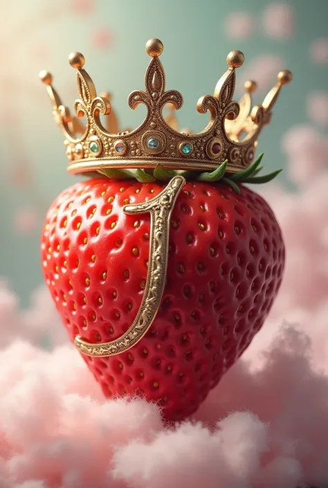 A strawberry with a crown that has an open half with a J fused 