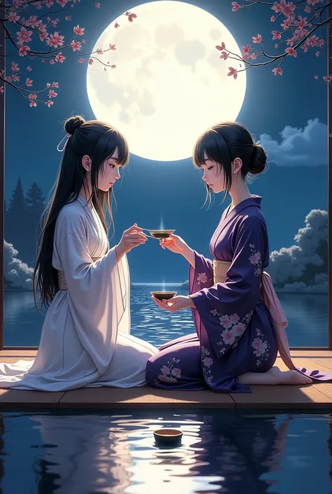 (  Masterpiece,   TOP QUALITY:1.2),   2 girls,  Two people, tea party, Tea Ceremony, full moon night,  