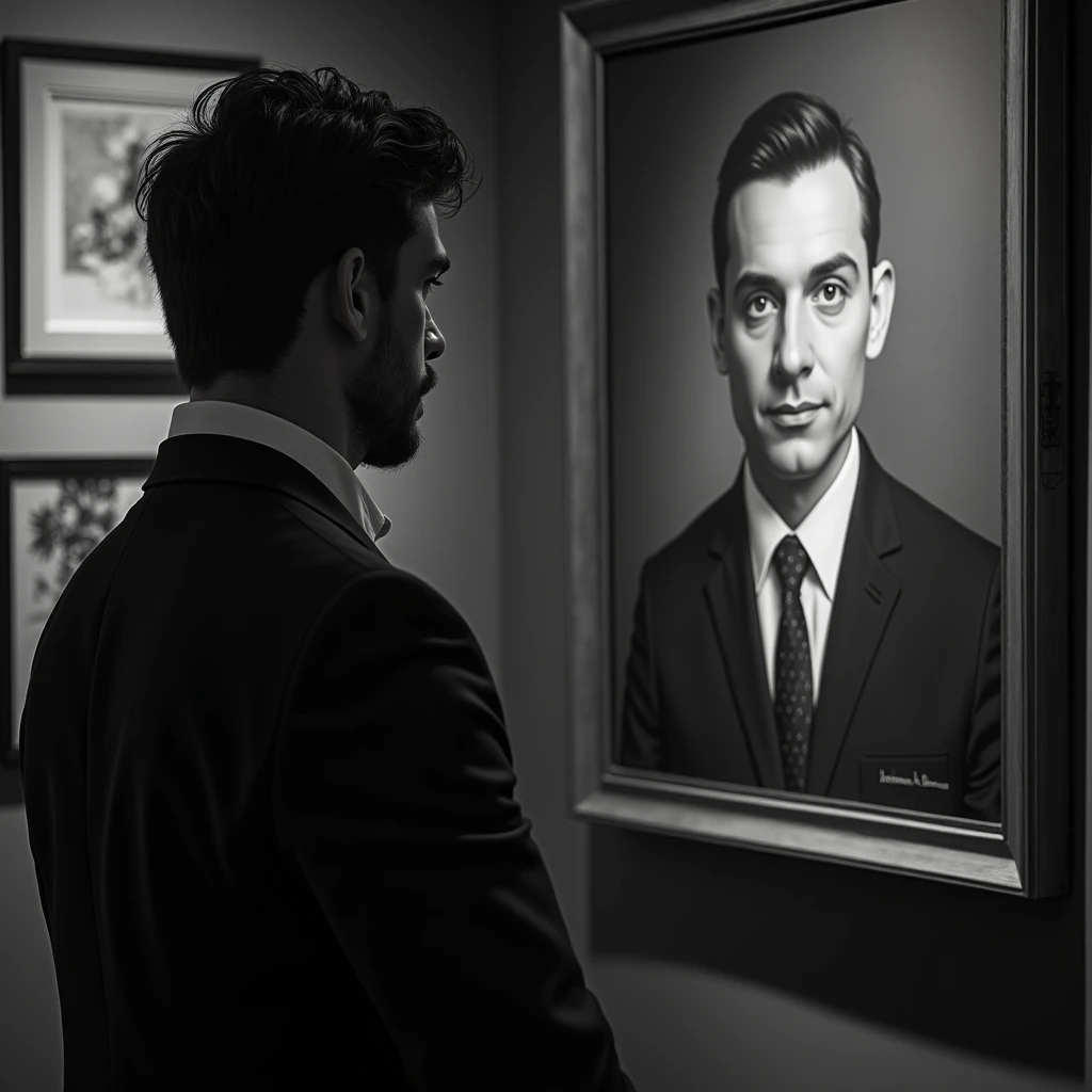 Create an image where there is a man in a suit, De Costa looking at a painted picture of a person, The image must be in black and white and be very realistic in 8K resolution