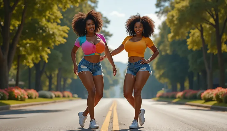 2 s, (((full body)))(((two women, 22 and 23))), full body, exuberant black women, both with afro hair with (((two hands on waist))), dark skin, with ripped and very tight denim shorts and colorful (yellow and red) tight and short t-shirts with big breasts,...