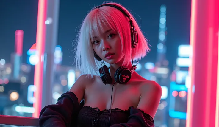 The best photos for TikTok、white and red wacky hair、 short hair、Beauty、 DYNAMIC ANGLES、ヘッドフォンをしているBeauty、Night city background with neon lights