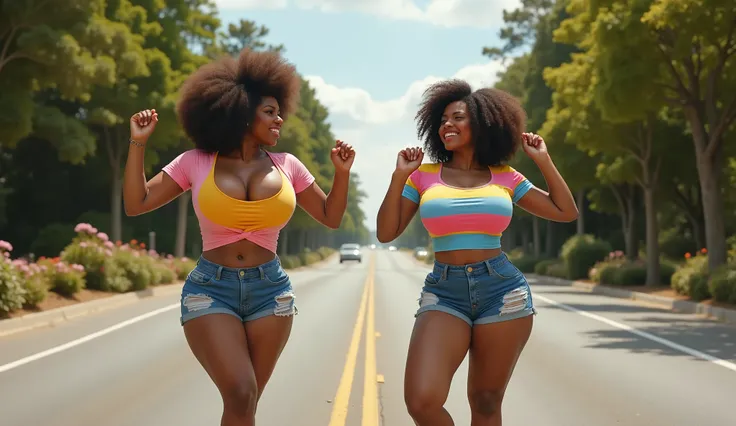 2 s, (((full body)))(((two women, 22 and 23))), full body, exuberant black women, both with afro hair with (((two hands on waist))), dark skin, with ripped and very tight denim shorts and colorful (yellow and red) tight and short t-shirts with big breasts,...