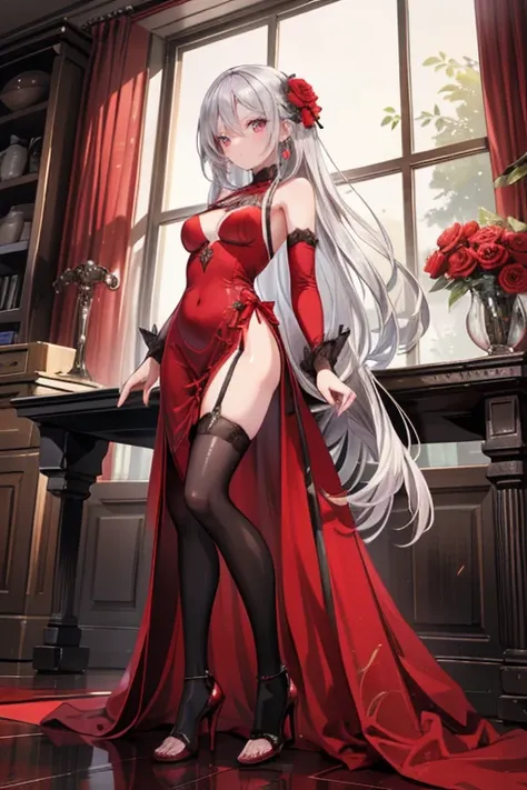  high resolution,8k, very detailed, top quality, Masterpiece, 1 woman (160cm tall, Cool Expressions ,( Silver Hair, straight long hair、 have slightly long bangs ),red eyes,  small breasts, Slim waist),flower tree, mole on breast, earrings, garter straps, h...