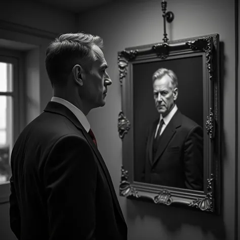 Create an image where there is a man in a suit, De Costa looking at a painted picture of a person, The image must be in black and white and be very realistic in 8K resolution