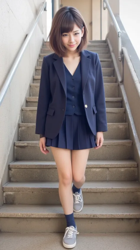  a 17-year-old high school girl in Tokyo２A person is coming down the stairs、 with a short cut hairstyle and a big smile、Wear a high school uniform blazer、I'm wearing a navy blue pleated miniskirt、Wear dark blue socks、 sneakers similar to Oko 、 Photorealist...