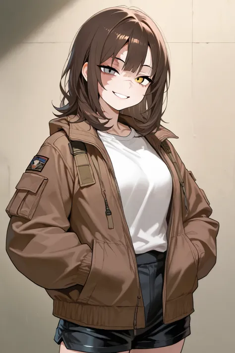 1 girl, brown medium hair, small eyes, tall, jacket, hands in jacket's pocket, looking at viewer, smile, scar on left face, burn scar on left face, white shirt, black shorts, odd eye, brown right eye, grey left eye, mesugaki, tactical clothes, mature