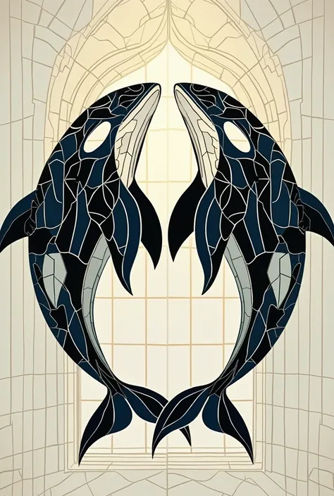 An image of 2d orcas with stilation style ,with stained glass motive on the orca