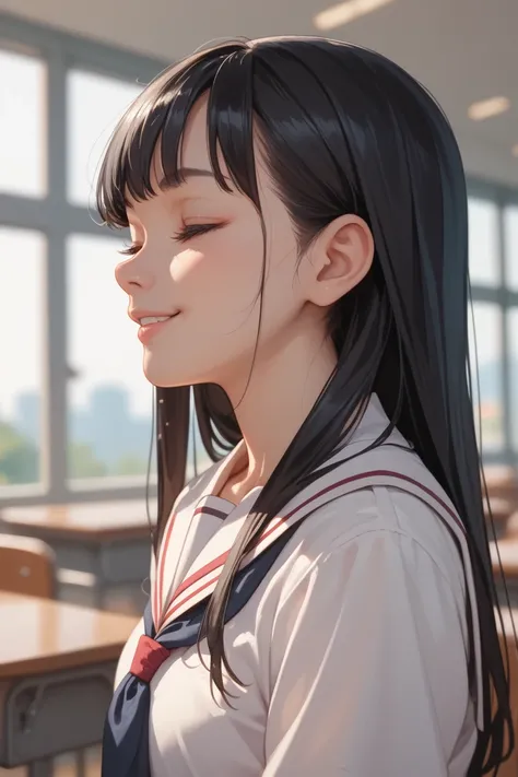 One Japanese woman, black hair, high school girl, wearing uniform, long hair, mouth closed, smiling slightly, high resolution, blurred background