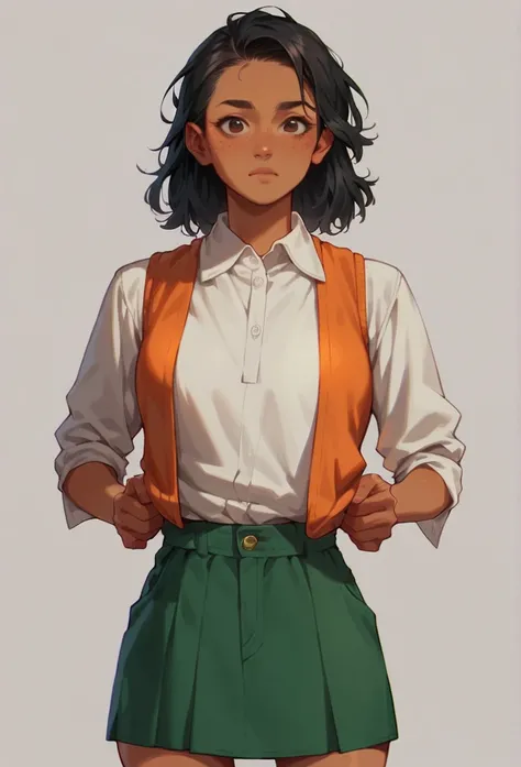 score_9, score_8_up, score_7_up, BREAK, score_9, 1girl, solo, black hair, dark brown eyes, olive skin tone, freckles, orange shirt, red sweater,short sleeves, demi jeans, looking at viewer, cowboy shot,