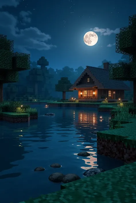 Minecraft game poster background, no characters, water, house, night light, ground.