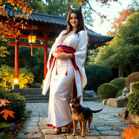 A beautiful mature woman in miko shrine maiden attire, with extremely detailed face, long flowing black hair, and dog ear-like volume lighting, standing in an autumn garden with falling leaves, (best quality,4k,8k,highres,masterpiece:1.2),ultra-detailed,(r...