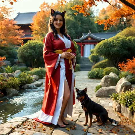 A beautiful mature woman in miko shrine maiden attire, with extremely detailed face, long flowing black hair, and dog ear-like volume lighting, standing in an autumn garden with falling leaves, (best quality,4k,8k,highres,masterpiece:1.2),ultra-detailed,(r...