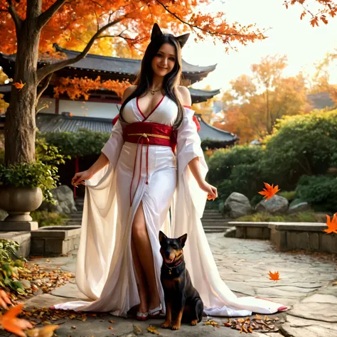 A beautiful mature woman in miko shrine maiden attire, with extremely detailed face, long flowing black hair, and dog ear-like volume lighting, standing in an autumn garden with falling leaves, (best quality,4k,8k,highres,masterpiece:1.2),ultra-detailed,(r...