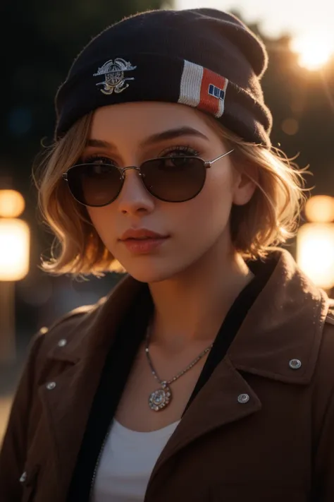 Face close up, papau new guinean vilage boy, watching over black sunglasses, jacket, necklace, sun light reflections skin imperfection, short hair, beanie, sunset lights background, low light, depth of field, highly detailed, high contrast, film grain, Rim...