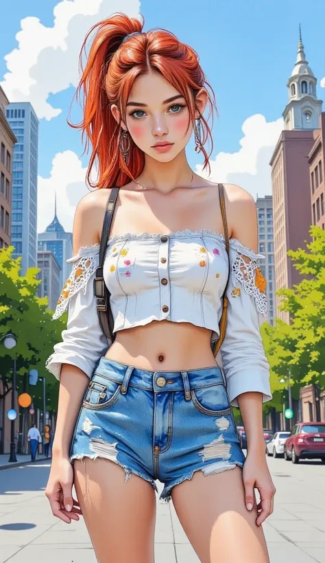  Creates an image of a woman with a super feminine appearance.  , she has eyes like fire petals ,In the image, a young woman is standing confidently against a backdrop of a city skyline. She has vibrant red hair styled in a high ponytail and is wearing a w...