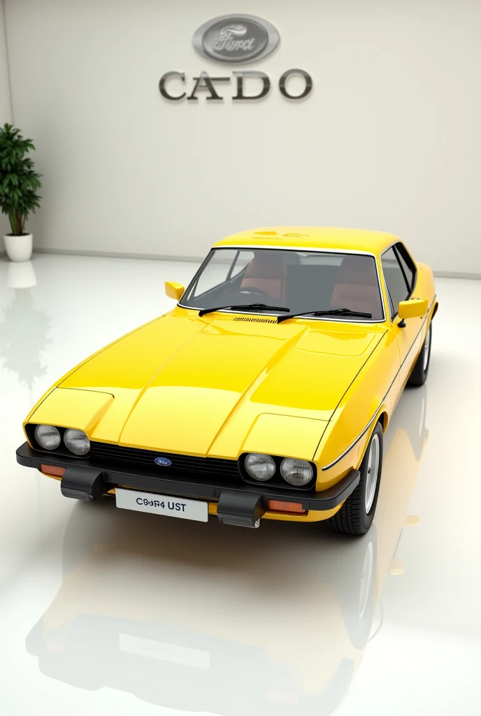 **Ford Capri**1986 yellow 
3. Front Left Side View:
"Create a hyper-realistic 3D render of the car in pure glossy color from a front left side view, showcasing its sleek curves, sharp headlights, and aggressive stance. The showroom should have a luxurious ...