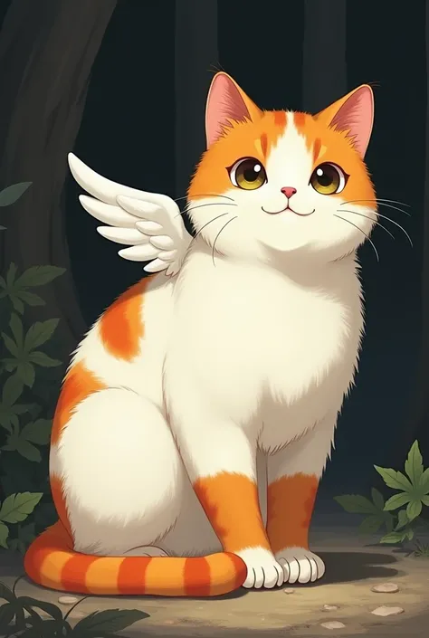  Full-bodied white cat with ears,  front and tail oranges with stripes and angel wings, Ghibliy studio drawing style and a dark background 