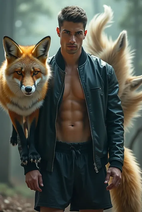 A handsome man wearing a black leather jacket vanz shoe shorts was walking with a 9-tailed giant fox beside him,while facing the camera 