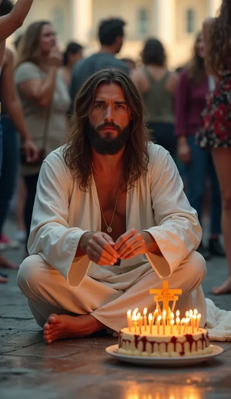  “Jesus is sitting on the floor of a busy square ,  surrounded by cheerful people ,  talking and taking selfies .  transmitting peace and mercy ,  with bare feet on cold concrete . Before him,  an exaggerately-colored birthday cake shines with countless bu...