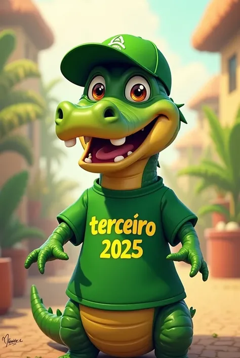 Make an alligator mascot, with cute features like a Disney cartoon,  and with a green shirt written “THIRD 2025” in Brazilian Portuguese, and with a green cap 