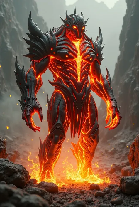 Create a race,  humanoid that is shaped like a fire/ lava which has some black stone details, But the main thing is the body of fire places broken chains and clamps and more lava less rocky