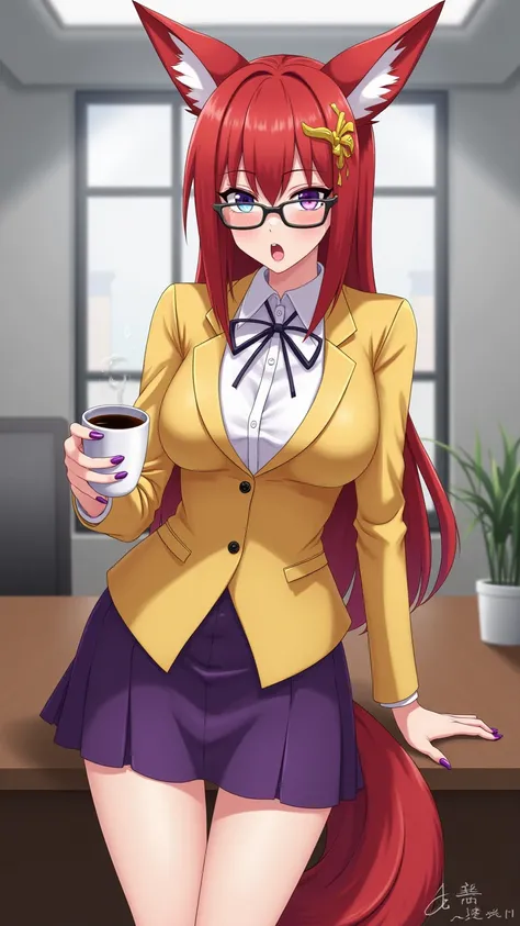 girl, full height, long red hair, red fox ears, naked body, yellow office suit, office glasses, holding coffee in her hand, purple office skirt, red ponytail, fatigue, blue right pupil, purple left, office room, huge breasts, purple lipstick, purple-yellow...