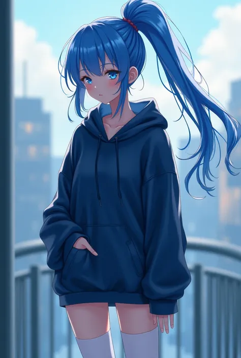 Anime girl with blue hair and blue eyes with a long ponytail and a dark blue blue hoodie 
 and white thigh high socks 