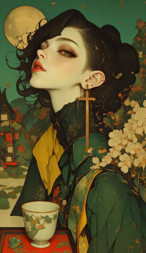A woman in an olive green outfit posing for a photo, high tech futuristic woman, moonlit tea ceremony, (best quality,4k,8k,highres,masterpiece:1.2),ultra-detailed,(realistic,photorealistic,photo-realistic:1.37),intricate detailed porcelain teacup,elegant o...