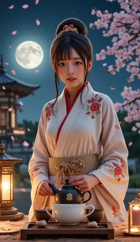 A detailed, beautiful moonlit tea ceremony, a Japanese woman in traditional kimono pouring steaming tea, cherry blossom petals falling, ancient temple in the background, golden lanterns, soft warm lighting, detailed facial features, intricate kimono patter...