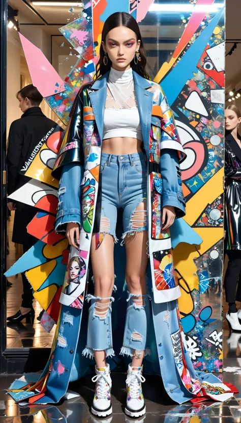 **A futuristic hall of shattered mirrors reflecting diverse versions of a powerful model, bold graffiti reading "Identità, Potere, Voce", layered streetwear meets couture look ripped denim paired with a silk opera coat, kaleidoscopic reflections creating i...