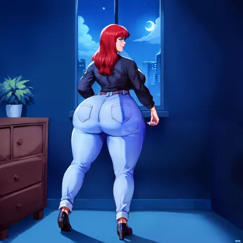 score_9, score_8_up, score_7_up, score_6_up, score_5_up, score_4_up, BREAK, 1girl, MJ, freckles arcoss face, blue eyes, dark red hair, long sleeve black shirt, dark blue long jeans, blue black shoes, long straight hair, 1girl, ((huge breasts, huge butt, th...