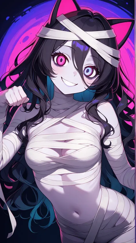 total body, a Mummy Girl, mummy, kitty ear, Spooky atmosphere smile, Wavy hair, slim figure, colorful Image, HDR,