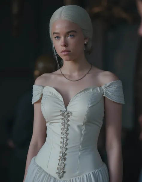 1 girl,  sozinho, hd, 120,000 pixels, hdR,  fotografia profissional,  uma fotografia de Milly Alcock as Rhaenyra Targaryen, House of the Dragon, grey hair, pale skin, cleavage, bended sexy, a white corset with cleavage, looking seriously to the viewer, rou...