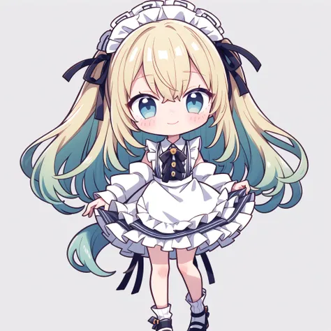  cute, 1 girl,  long hair,  smiles,  blue eyes,  standing picture,  Foot Out of Frame , ribbon,  chibi, simple background,  maid clothes