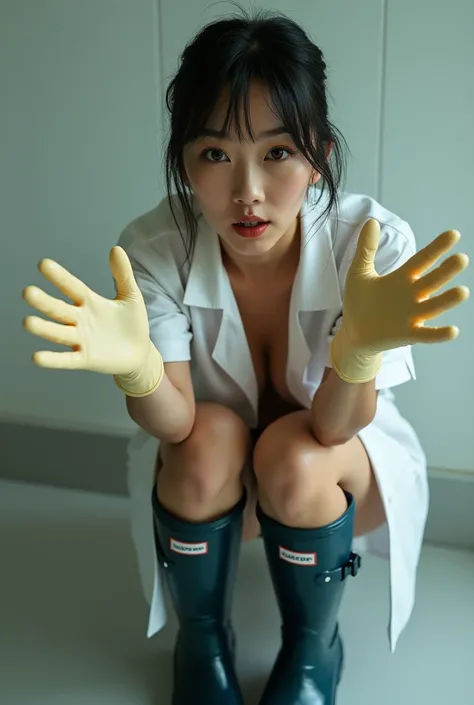 Naked mature Japanese female dentist wearing shiny egg-colored surgical rubber gloves that fit perfectly in the hand wears long shiny dark blue long hunter rain boots、 facing the front 、 crouches、Hands out in front and open、She is spreading her legs and pu...