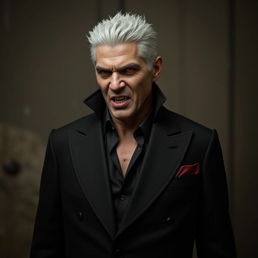 A realistic vampire man with short messy white hair,  brown skin, red-eyed fangs and mobster clothing.