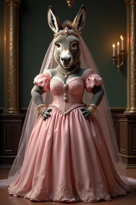 photorealistic portrait of Dressed animals - a ((fat)) ((baby)) (donkey) bride,(art by Giuseppe Arcimboldo),(happy smile:1.5),(furry), high quality,(lovely) ,intricate details, highly detailed (gothic pink wedding dress)),wearing opera globes and shoes,wea...