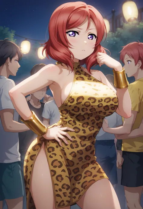 Maki nishikino,love live,highres,red hair , purple eyes ,blush ,looking at viewer ,halterneck yellow dress,bare shoulders,skin tight, leopard print dress,latex,braclets,,thick thighs ,big breasts, young girl,bored,in orgy party,solo focus, standing, multip...