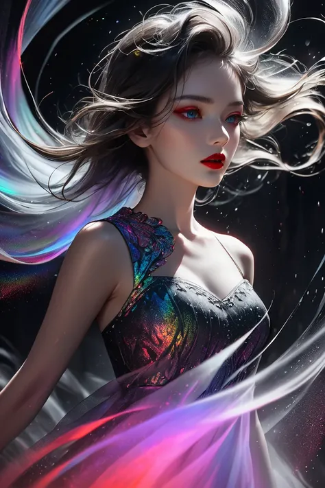  Conceptual Installation Art , Cool Beauty, Everything but her bright red lips are shrouded in shadows, Mist effect, Blur effect, iridescent dust glow effect ,   wind effect  ,   delicate and dynamic texture ,  light/dark contrast , 2.5D,  artistic photogr...