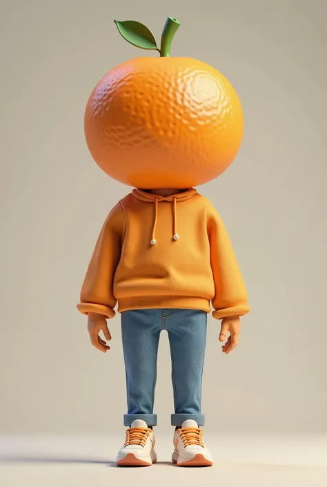 Are you going to create a 3d figure of a character in this case a person with the head of an orange wearing an orange sweatshirt, with jeans pants and sports shoes 